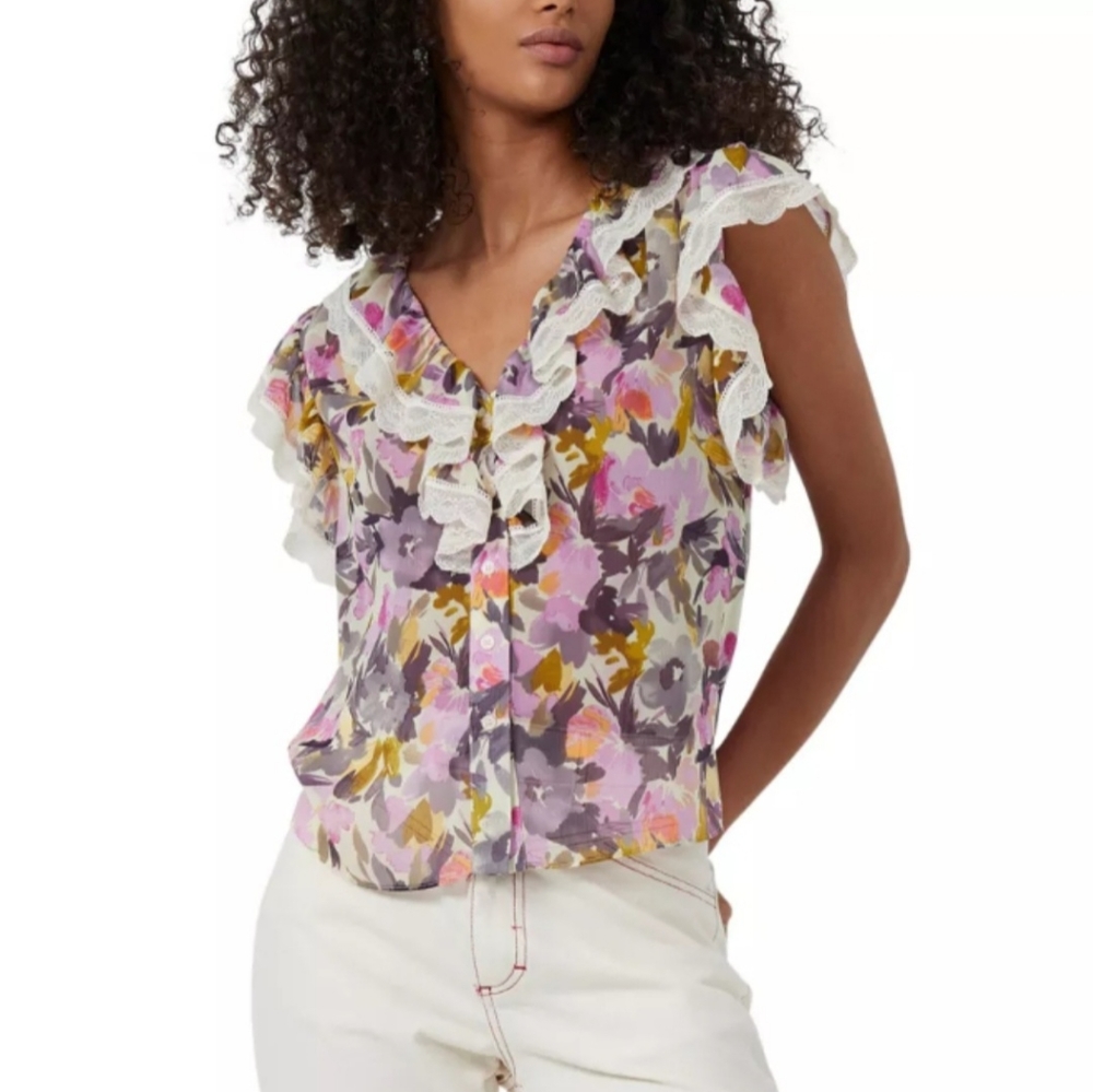French Connection women's Catlett Crinkle Ruffle Trim Top Orchid Bouquet Small
